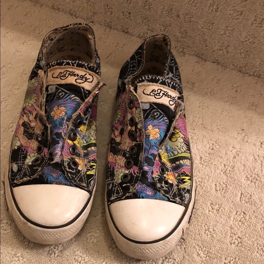 Ed Hardy Black Floral Tattoo Print Slip-On Sneakers